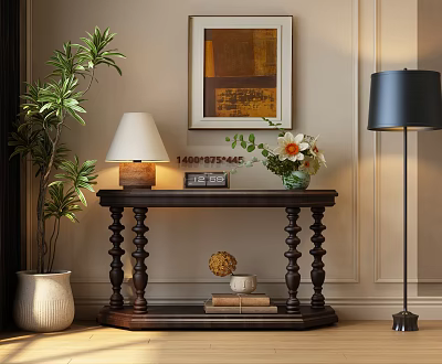 Elegant Wooden Console Table With Table Lamp Potted Plant Books And Wall Art Decor 3d model