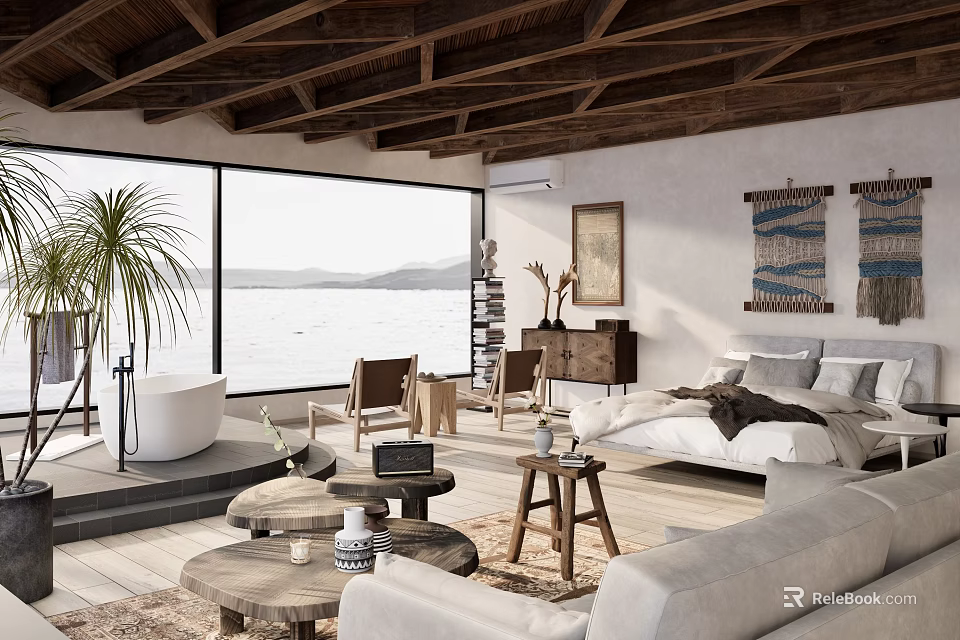 Hotel Room Featuring Wooden Ceiling Large Windows Sea View Bathtub And Sofa 3d model 