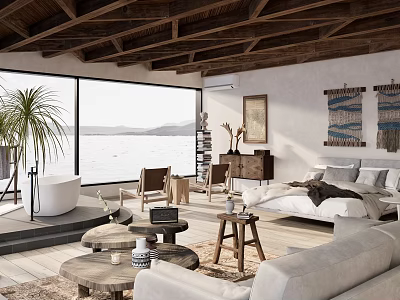 Hotel Room Featuring Wooden Ceiling Large Windows Sea View Bathtub And Sofa 3d model