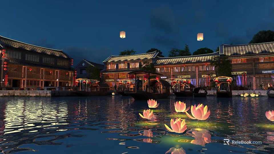 Traditional Commercial Street At Night With Illuminated Architecture Water Floating Lotus Lanterns Sky Lanterns 3d model 