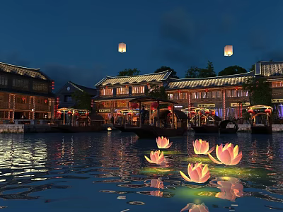 Traditional Commercial Street At Night With Illuminated Architecture Water Floating Lotus Lanterns Sky Lanterns 3d model