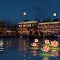 Traditional Commercial Street At Night With Illuminated Architecture Water Floating Lotus Lanterns Sky Lanterns