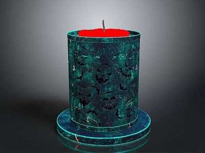 Teal Candle Holder With Intricate Cut Out Patterns And Red Candle On Reflective Base 3d model