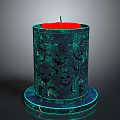 Teal Candle Holder With Intricate Cut Out Patterns And Red Candle On Reflective Base