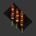 Three Roasted Pork Belly Skewers On Black Slate Plate With Glossy Surface