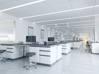 Modern Laboratory Interior With Bright Lighting White Lab Benches Stools And Hanging Equipment 3d model