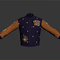 Stylish Purple Jacket With Orange Sleeves Star Patterns And Decorative Emblems