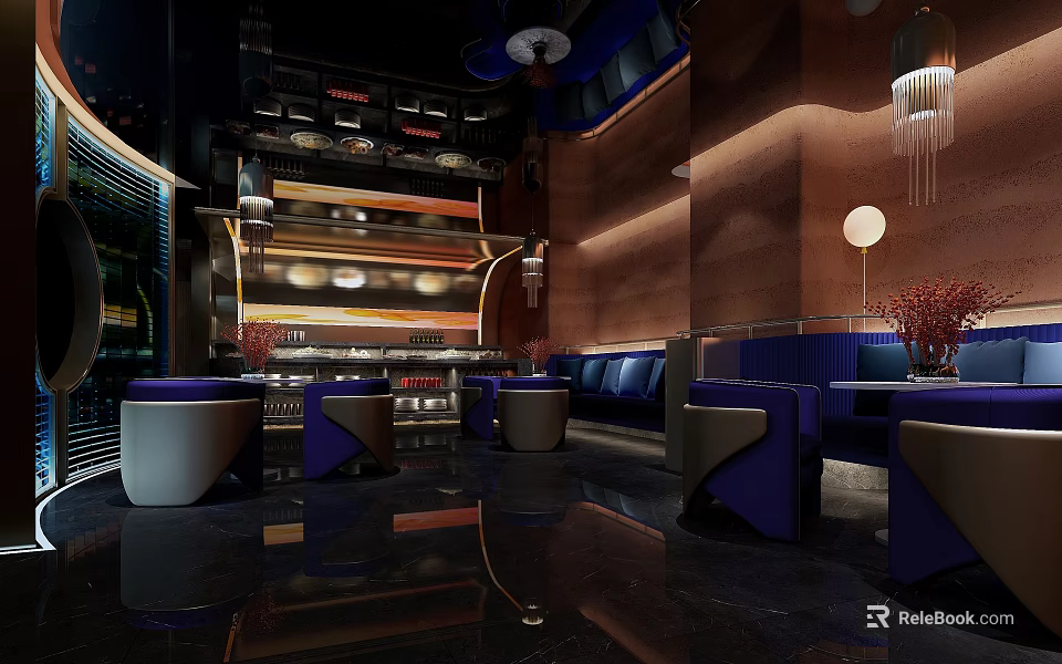 Elegant Club Lounge Interior With Blue Sofas Purple Seats Wooden Panels Chandeliers Shiny Black Floor 3d model 