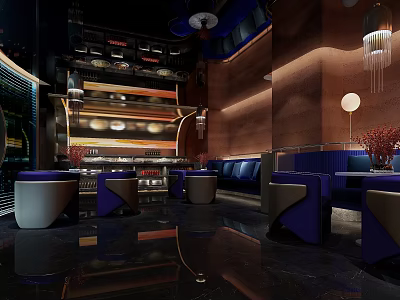 Elegant Club Lounge Interior With Blue Sofas Purple Seats Wooden Panels Chandeliers Shiny Black Floor 3d model