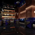 Elegant Club Lounge Interior With Blue Sofas Purple Seats Wooden Panels Chandeliers Shiny Black Floor