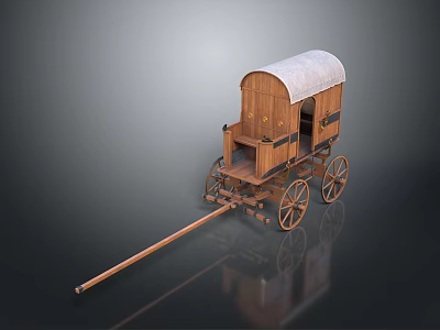 Vintage Wooden Carriage Featuring White Canvas Roof Long Shaft And Wheels 3d model