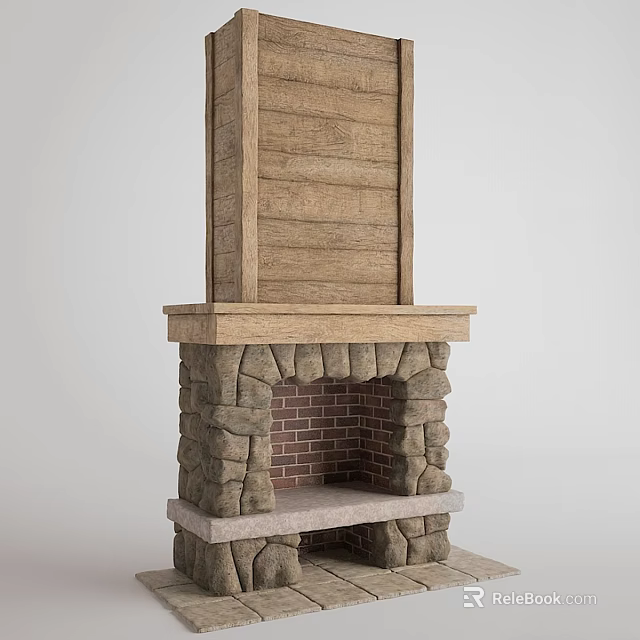 Rustic Fireplace Design With Wooden Upper And Stone Base Brick Interior 3d model