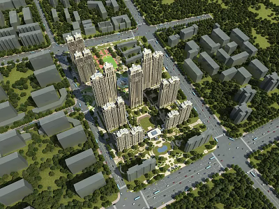 Birds Eye View Urban Planning With High Rise Buildings Green Spaces And Road Networks 3d model