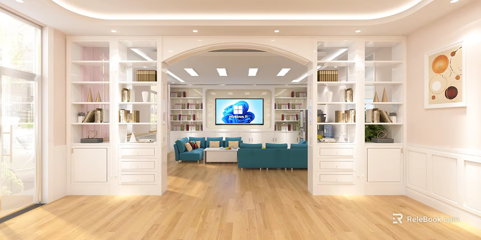 Bright Modern Interior With Arched Doorway White Bookshelves Blue Sofas TV And Wooden Flooring 3d model 