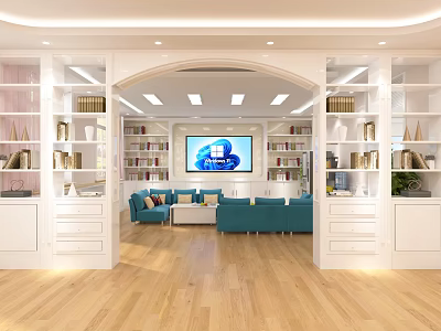 Bright Modern Interior With Arched Doorway White Bookshelves Blue Sofas TV And Wooden Flooring 3d model