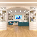 Bright Modern Interior With Arched Doorway White Bookshelves Blue Sofas TV And Wooden Flooring