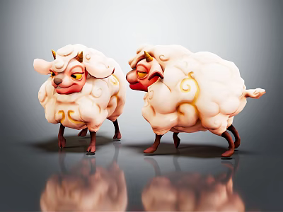 Cute Cartoon Sheep With Fluffy Fur Golden Curly Patterns And Red Noses 3d model