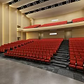 Modern Auditorium Interior With Stage Red Curtain Large Screen Side TV Screens And Seats