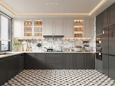 Modern Kitchen Interior With Gray Cabinets Black White Patterned Floor And Pendant Lights 3d model