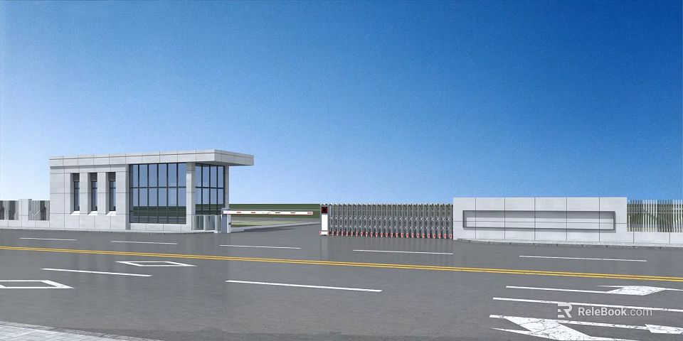 Modern Security Booth With Gate And Road Under Clear Blue Sky 3d model 