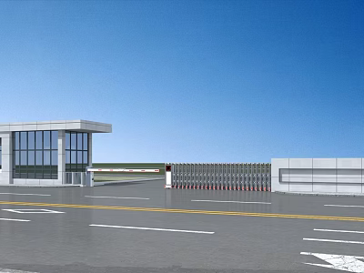 Modern Security Booth With Gate And Road Under Clear Blue Sky 3d model
