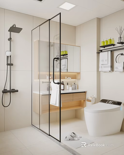 Modern Bathroom Interior with Glass Shower Enclosure Wooden Vanity Smart Toilet and Wall Shelves 3d model 