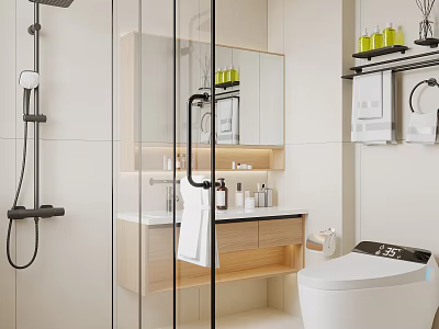 Modern Bathroom Interior with Glass Shower Enclosure Wooden Vanity Smart Toilet and Wall Shelves 3d model