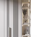 Modern White Wardrobe With Vertical Striped Double Doors And Adjacent Open Shelves With Decor