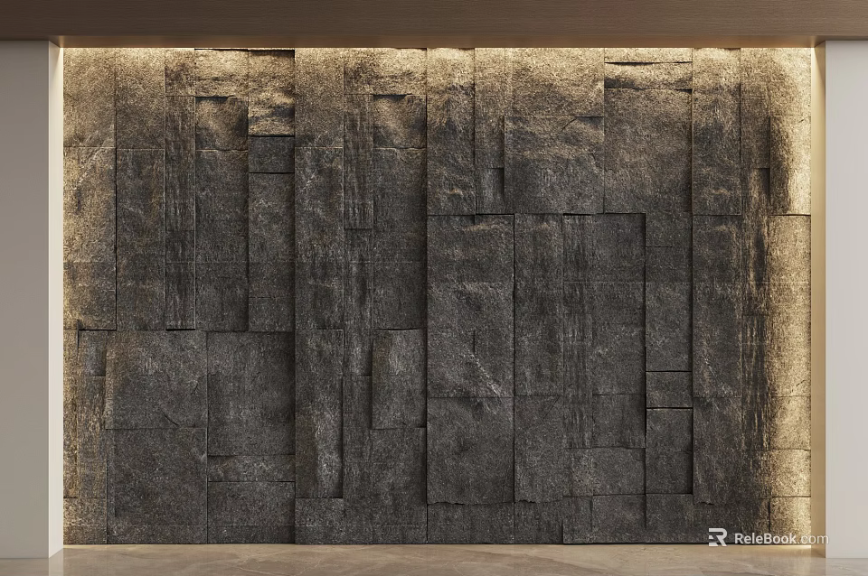 Textured Stone Panel Background Wall Design With Modern Decorative 3D Texture And Warm Lighting 3d model 
