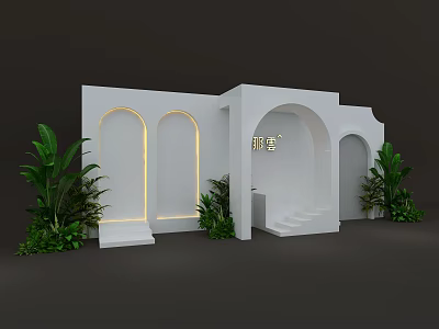Decorative White Architectural Structure With Arched Doorways Steps And Green Plants 3d model