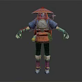 Traditional Warrior Character In Blue Top With Conical Hat Orange Belt And Sword Pouches