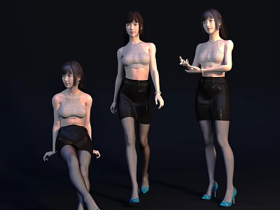 Women In Light Tops Black Skirts And Blue Heels With Different Poses 3d model