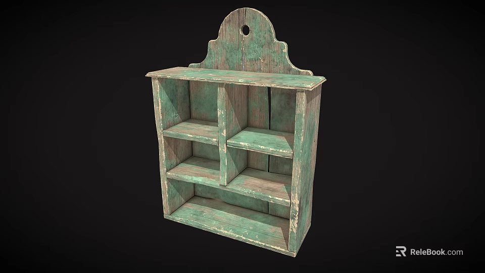 Vintage Style Teal Wall Mounted Storage Shelf With Distressed Finish Multiple Compartments And Scalloped Top 3d model 
