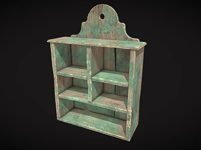 Vintage Style Teal Wall Mounted Storage Shelf With Distressed Finish Multiple Compartments And Scalloped Top 3d model