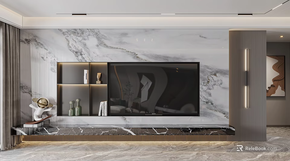 Modern TV Wall Design Featuring Marble Panels Floating Shelves And LED Lighting 3d model