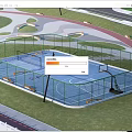 Scenic Park Landscape With Fenced Basketball Court Blue Surface Green Lawn And Curved Path