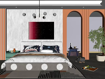 Vibrant Kids Room Interior With Bed Arched Doorways Striped Rug Circular Decor And Potted Plant 3d model