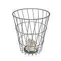 Black Wire Mesh Trash Bin With Conical Shape And Paper Waste Inside