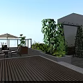 Roof Terrace Outdoor Seating Area With Wooden Deck Umbrella Green Plants And Brick Wall