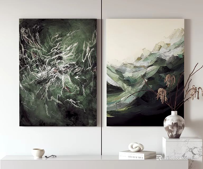 Abstract Green Tones Paintings With Decorative Vase Dried Flowers And Books 3d model 
