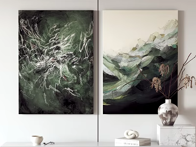 Abstract Green Tones Paintings With Decorative Vase Dried Flowers And Books 3d model