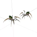Two Mechanical Spider Models With Green Details And Long Legs On White Background