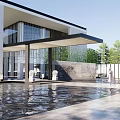 Modern Style Sales Office Building With White Exterior Black Roof And Surrounding Greenery