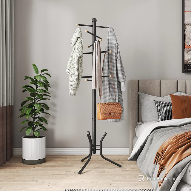 Modern Black Coat Rack in Bedroom with Hanging Clothes Handbag and Green Plant Near Bed 3d model 
