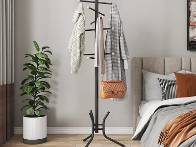 Modern Black Coat Rack in Bedroom with Hanging Clothes Handbag and Green Plant Near Bed 3d model