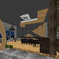 Modern Tea Room Interior Design With Wooden Counter Bar Stools Hanging Lights And Wall Art