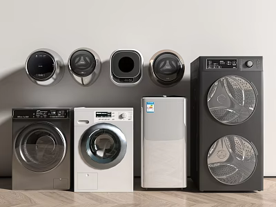 Various Washing Machines With Modern Designs Different Colors And Control Panels 3d model