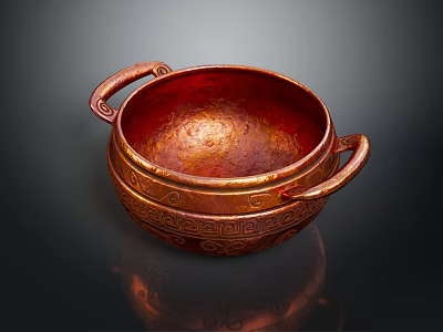 Traditional Copper Bowl With Double Handles And Intricate Carved Patterns For Household Use 3d model