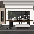 Modern Minimalist Tea Room Interior Design With Long Wooden Table Shelves And Decorative Plants
