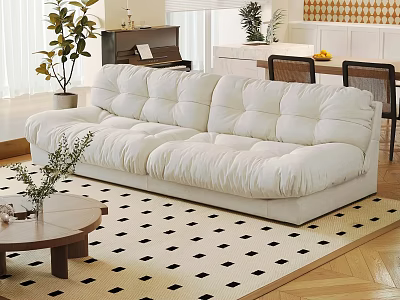 Plush White Sofa With Round Coffee Table In Living Room Black And White Checkered Rug 3d model